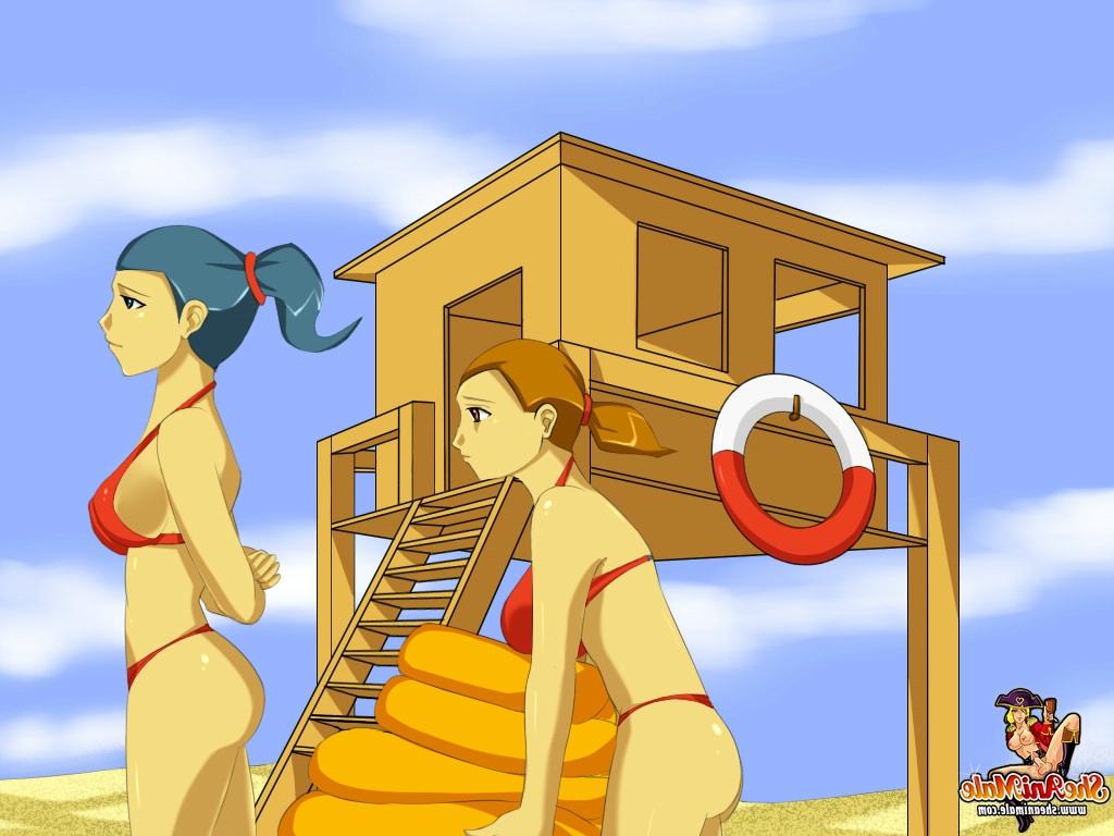12P Busty animated shemales save a guy from drowning and fuck him on the beach