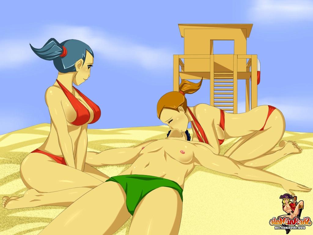 12P Busty animated shemales save a guy from drowning and fuck him on the beach