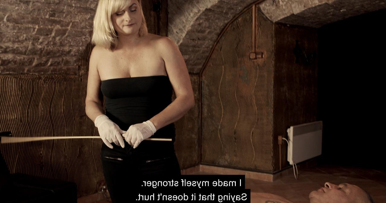 13P Blonde domme with big tits canes a skinny tied-up sex slave in femdom action