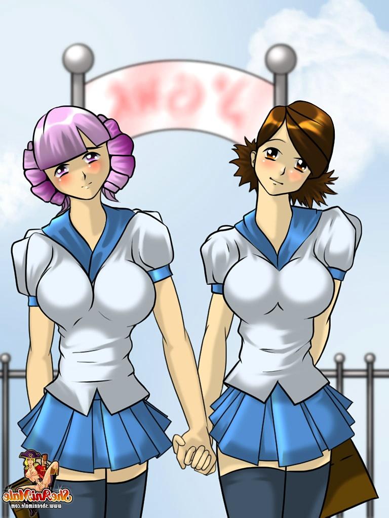 12P Des transsexuelles scolaires animées en jupes se chevauchent la bite à l'extérieur