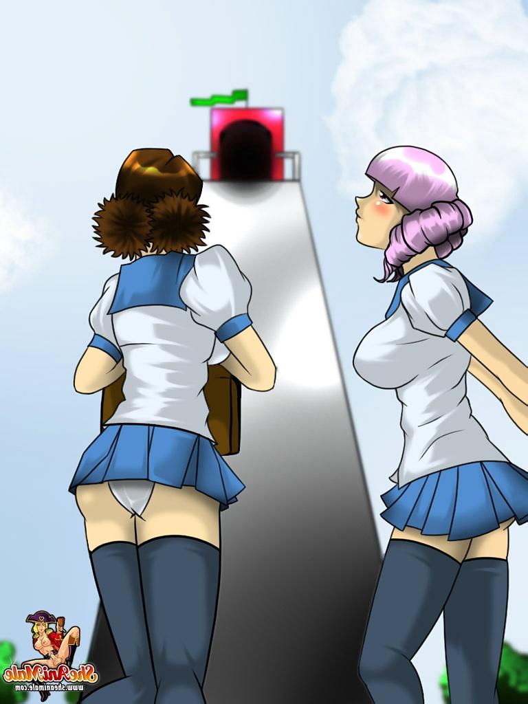 12P Des transsexuelles scolaires animées en jupes se chevauchent la bite à l'extérieur