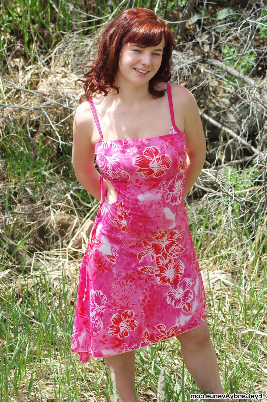 16P Natural redhead Ireland goes topless near undergrowth in pink panties