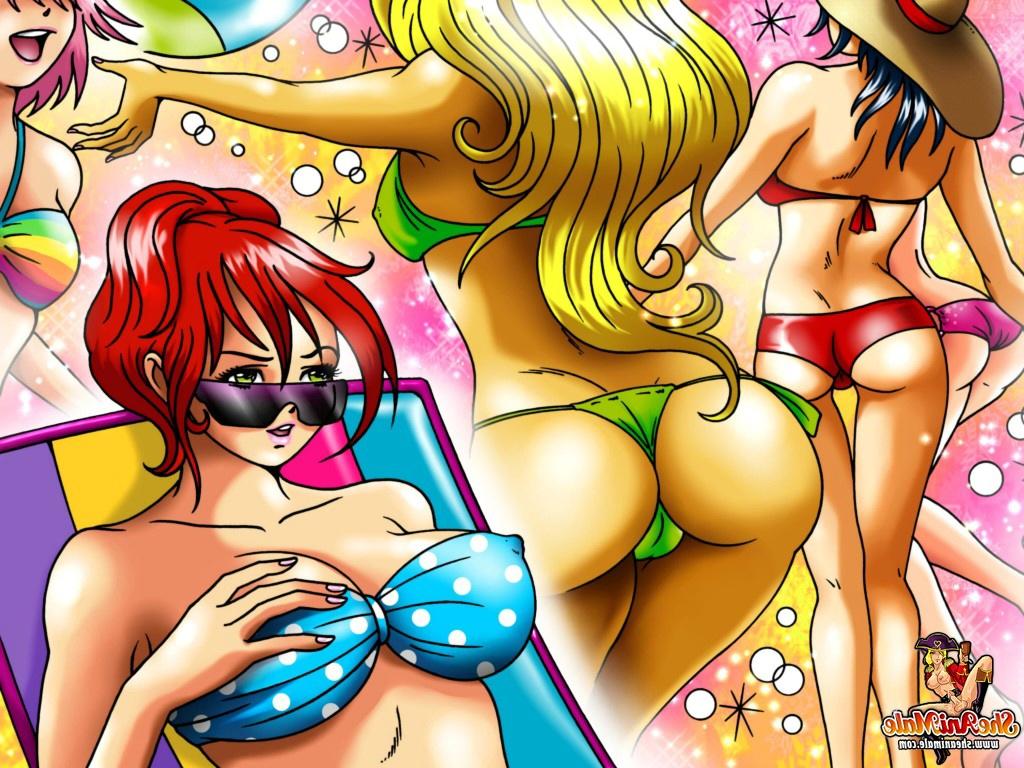 12P Des transexuelles de dessins animés en bikini se baisent le cul dans un quatuor vigoureux