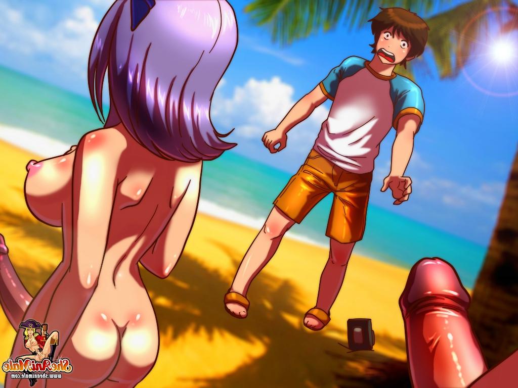 12P Transexuais de desenhos animados com peitos grandes agradam um cara de sorte na praia