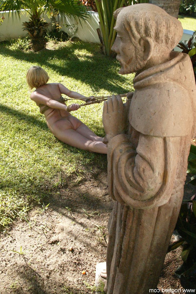 20P Submissive blonde with big tits gets bound under a tree and groped