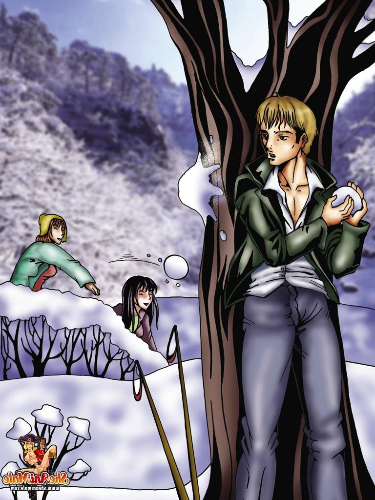 12P Animated trannies with huge fakes fuck a blond guy in on a winter day
