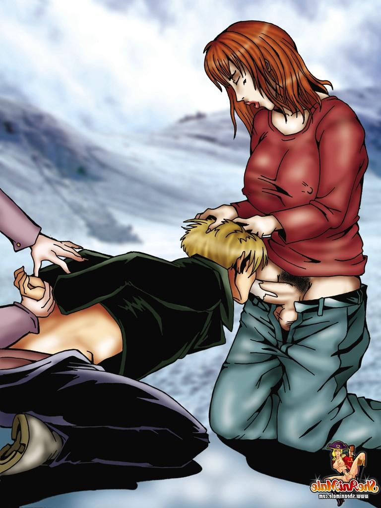 12P Animated trannies with huge fakes fuck a blond guy in on a winter day
