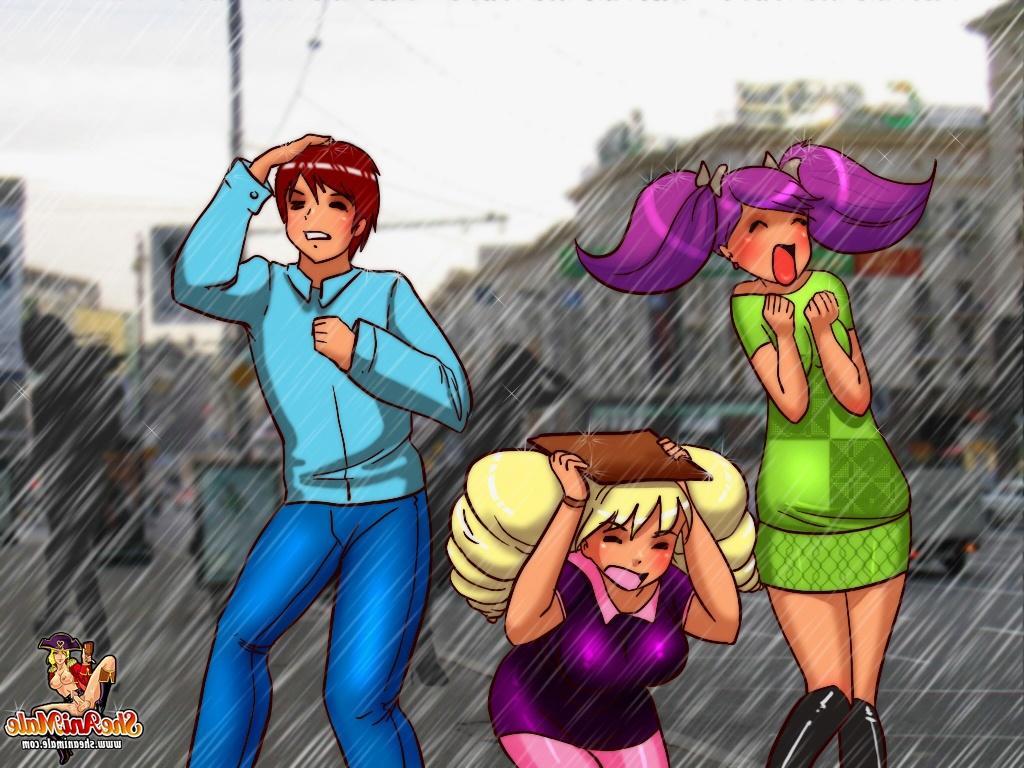 12P Travestis ruivos animados tiram a roupa e fodem um cara de sorte durante uma tempestade