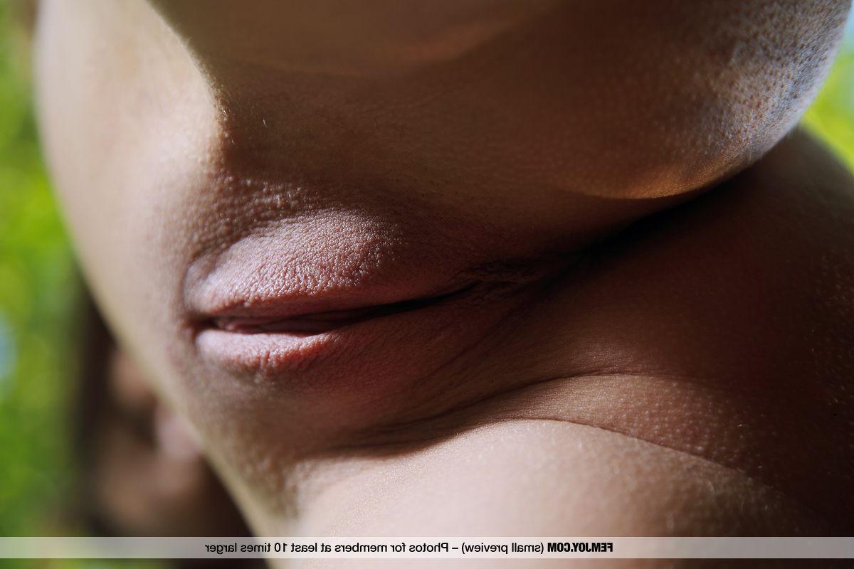 16P La joven belleza Linda A hace magníficas poses desnuda sobre una manta cerca de unos arbustos
