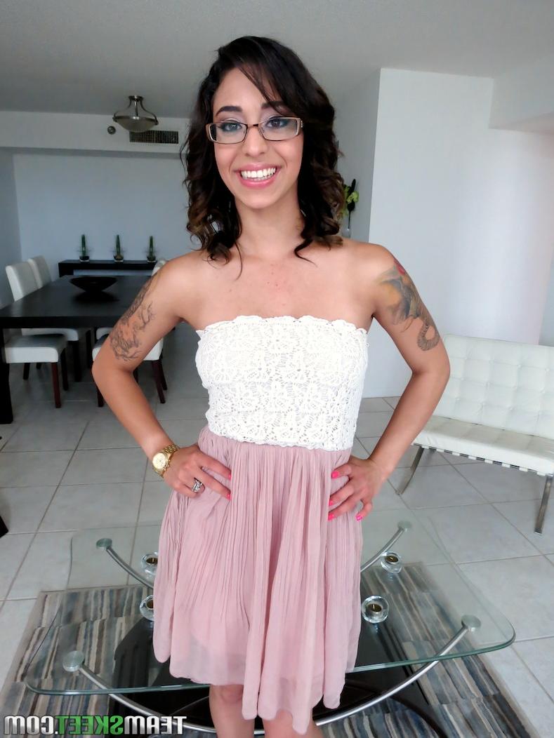 17P Bespectacled hottie in sheer dress gets on knees for wild drippy POV cumshot