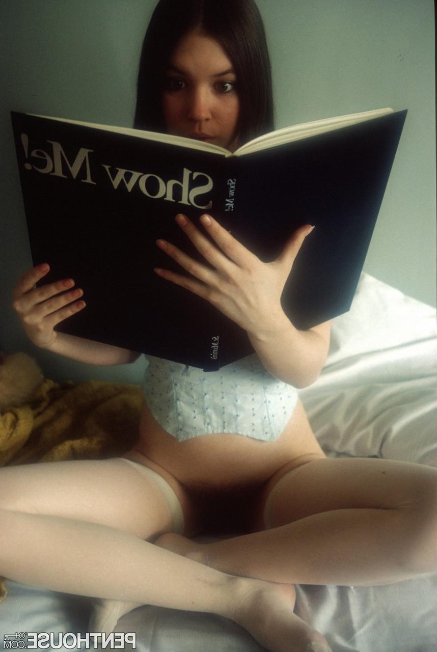 14P Gorgeous brunette centerfold Susan Johnson fingering her excited hairy cunt