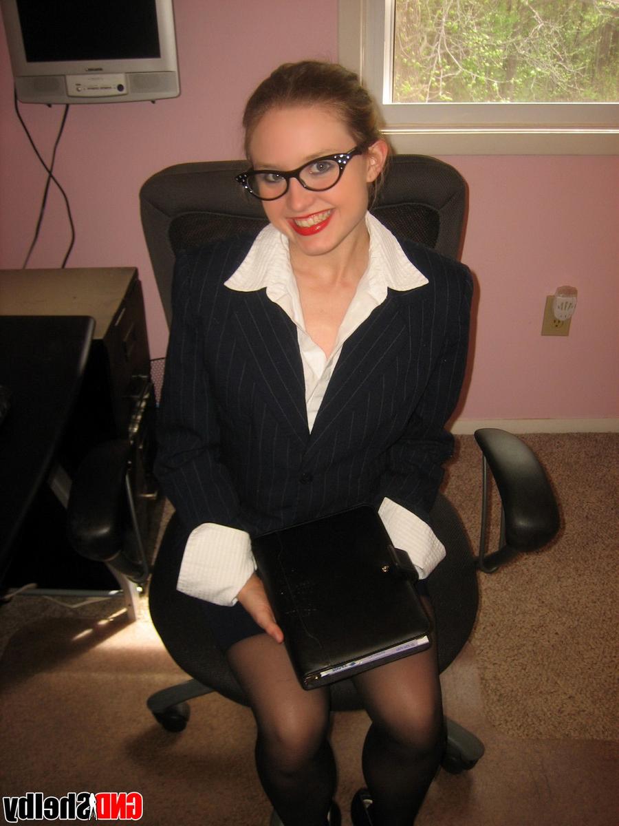 12P Young secretary gets naked in stockings while working from home