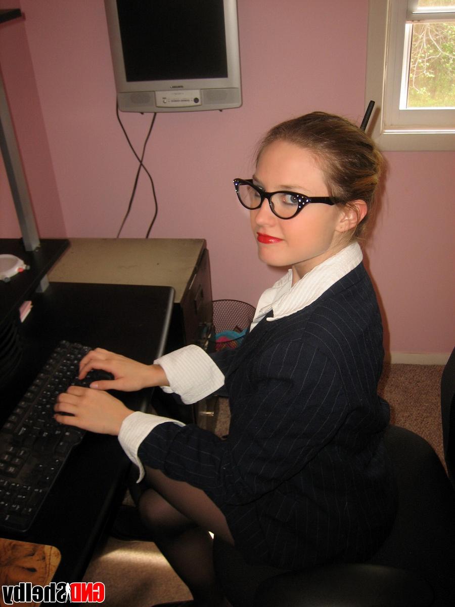 12P Young secretary gets naked in stockings while working from home