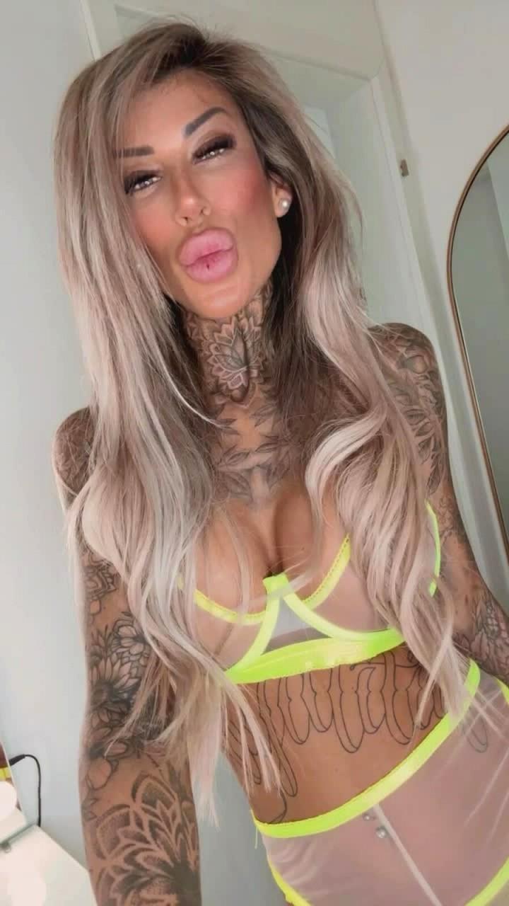 16P Inked amateur bombshell Jacky posing in her exotic yellow lingerie