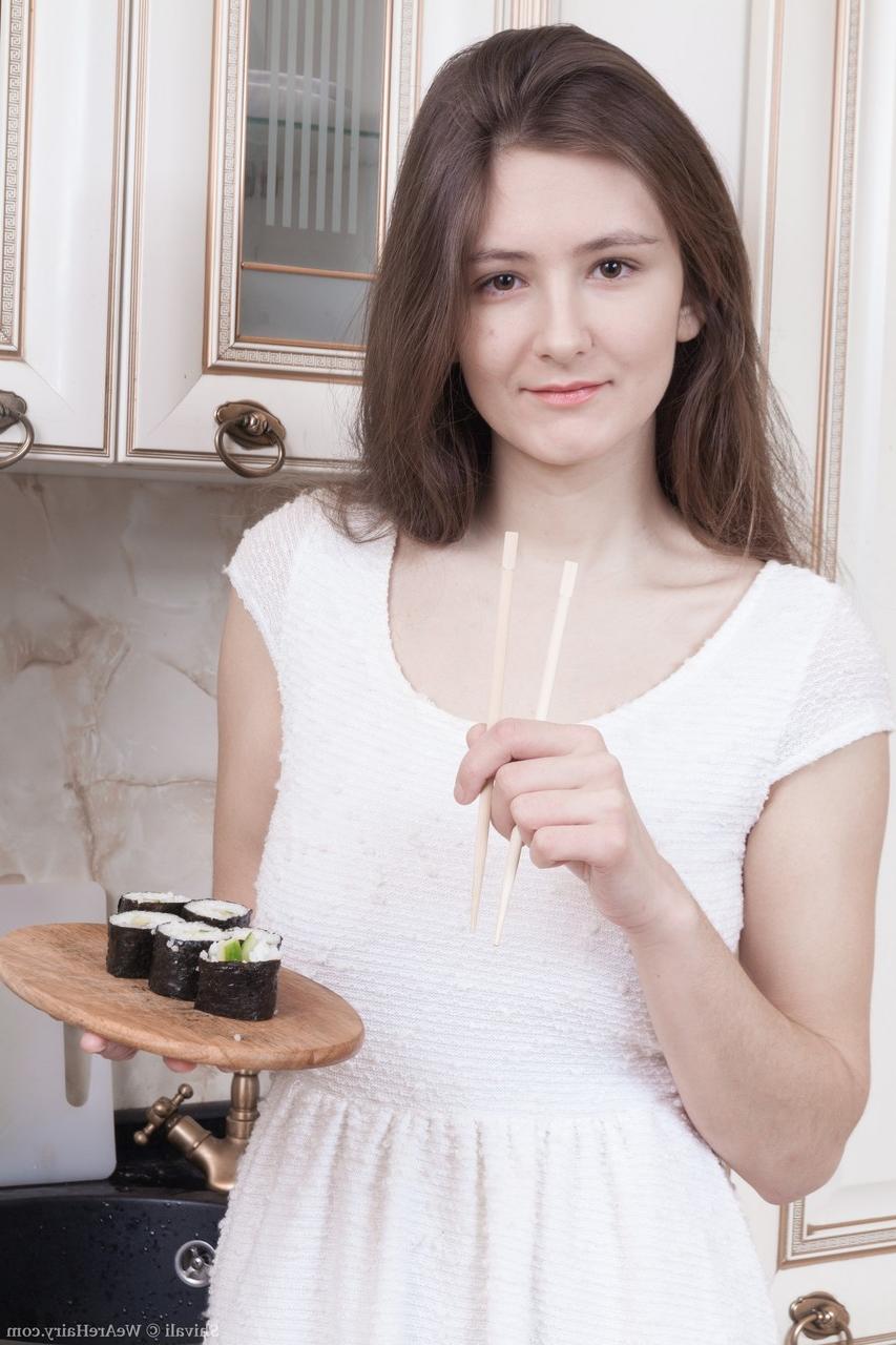 17P Sweet Shivali using chopsticks on her hairy wolf twat after eating sushi