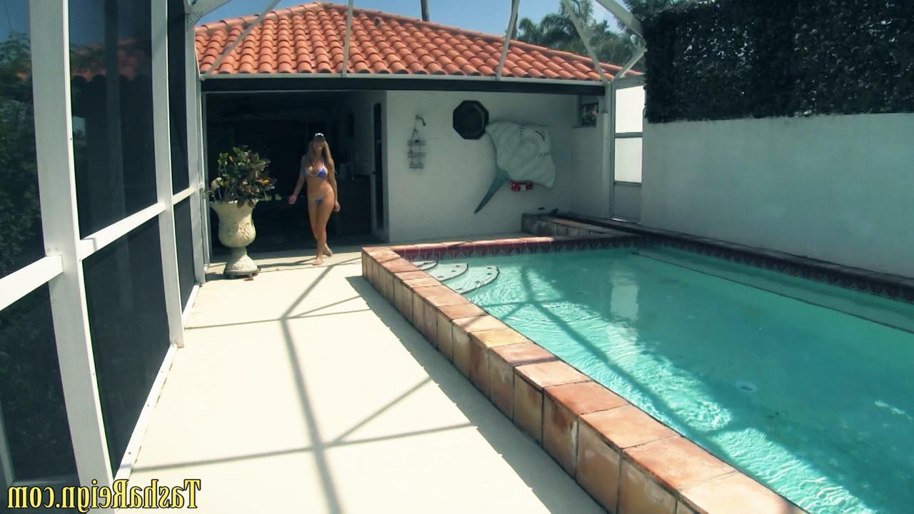 12P Hot blonde Tasha Reign takes off her bikini on a poolside lounge chair
