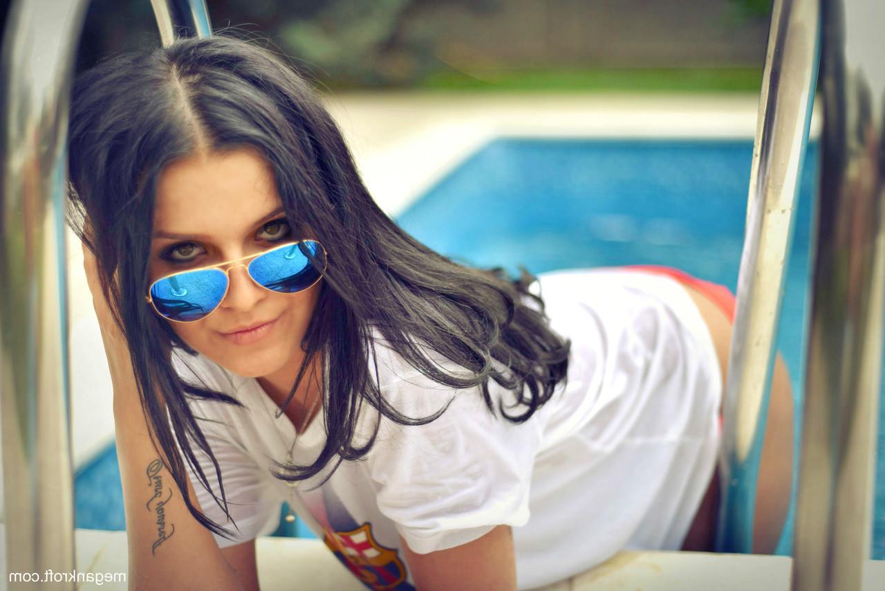 15P Sexy brunette Megan Kroft flashes her tiny tits & her big ass by the pool
