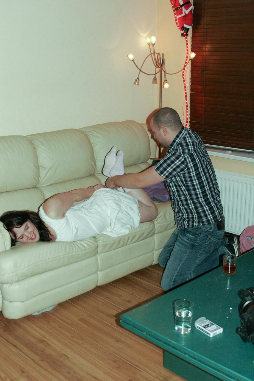 18P Man returned after hogtied Amy on the couch to take off her clothes