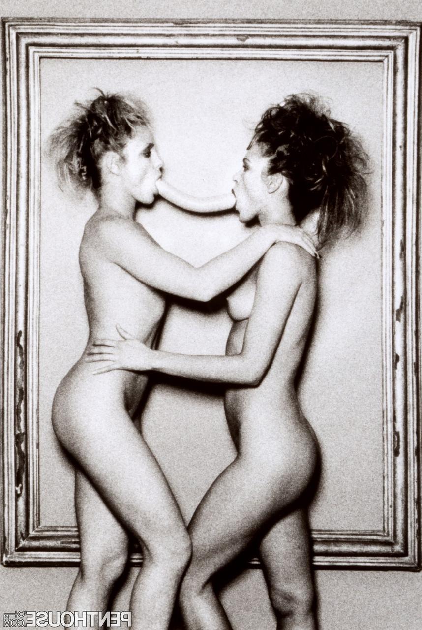 11P Beautiful retro lesbians play hotly with toys & each other in black and white