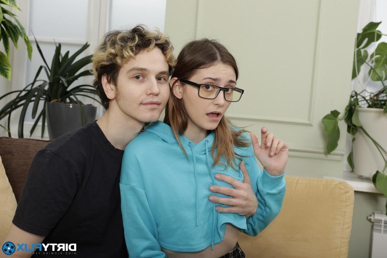 15P Geeky teen takes a cumshot on her outstretched tongue after fucking