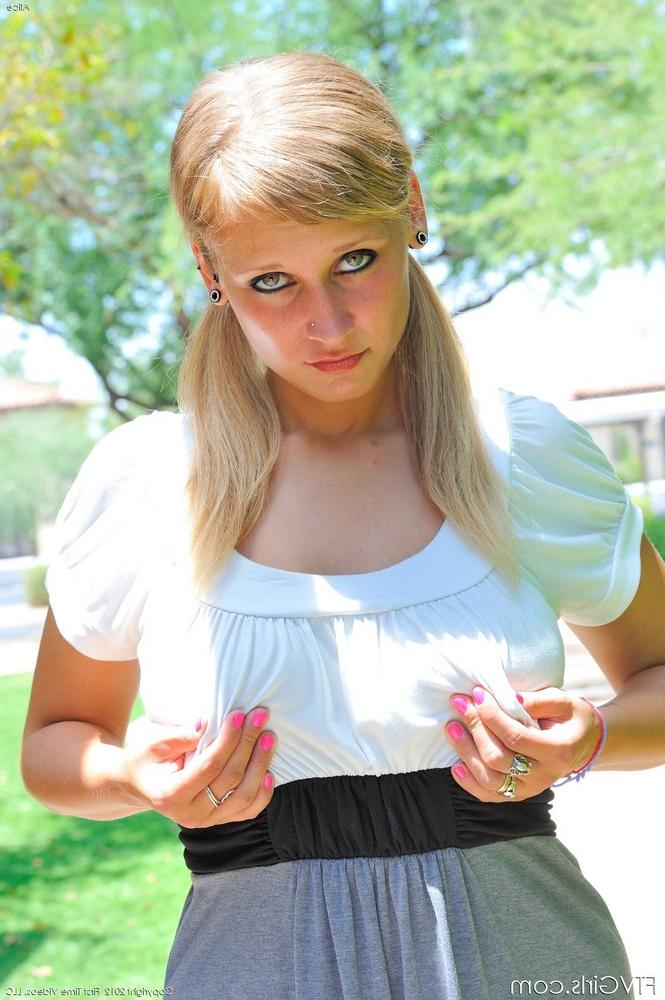15P Pigtailed Alice gets her huge natural tits out and toys her muff
