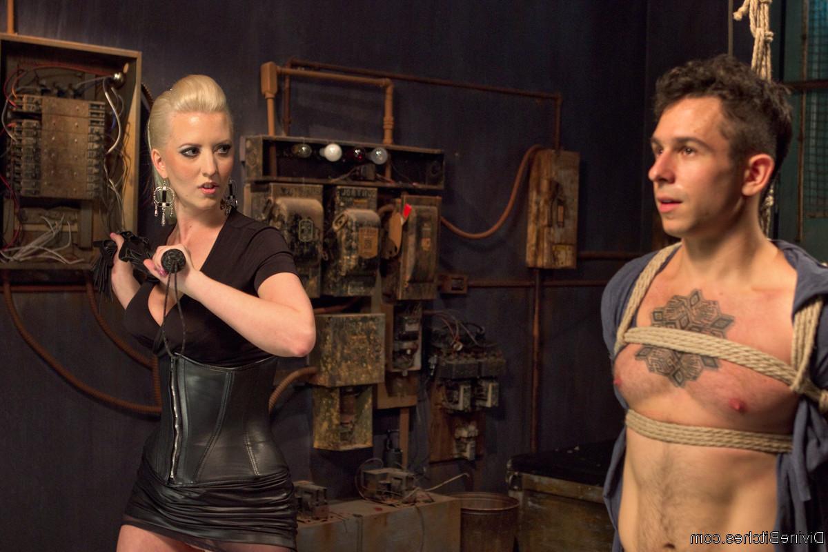 20P Blonde mistress Cherry Torn ties up a sex slave and whips his dick