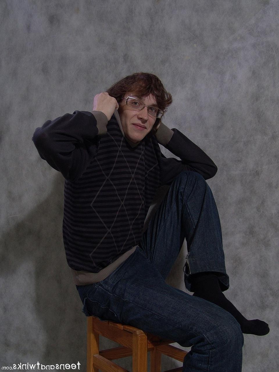 20P Skinny nerdy twink Sacha flaunts his body and touches his dick on a chair