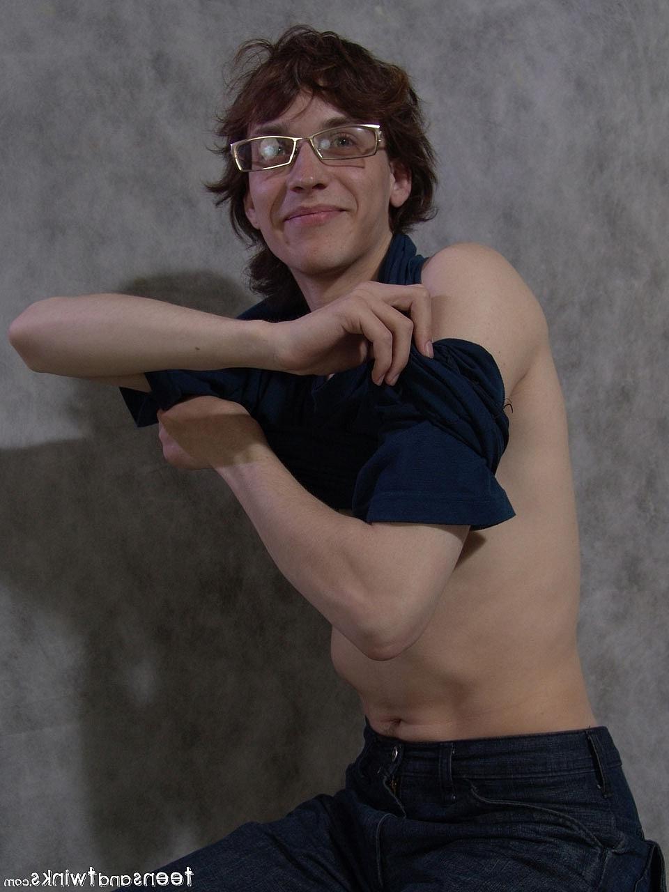 20P Skinny nerdy twink Sacha flaunts his body and touches his dick on a chair