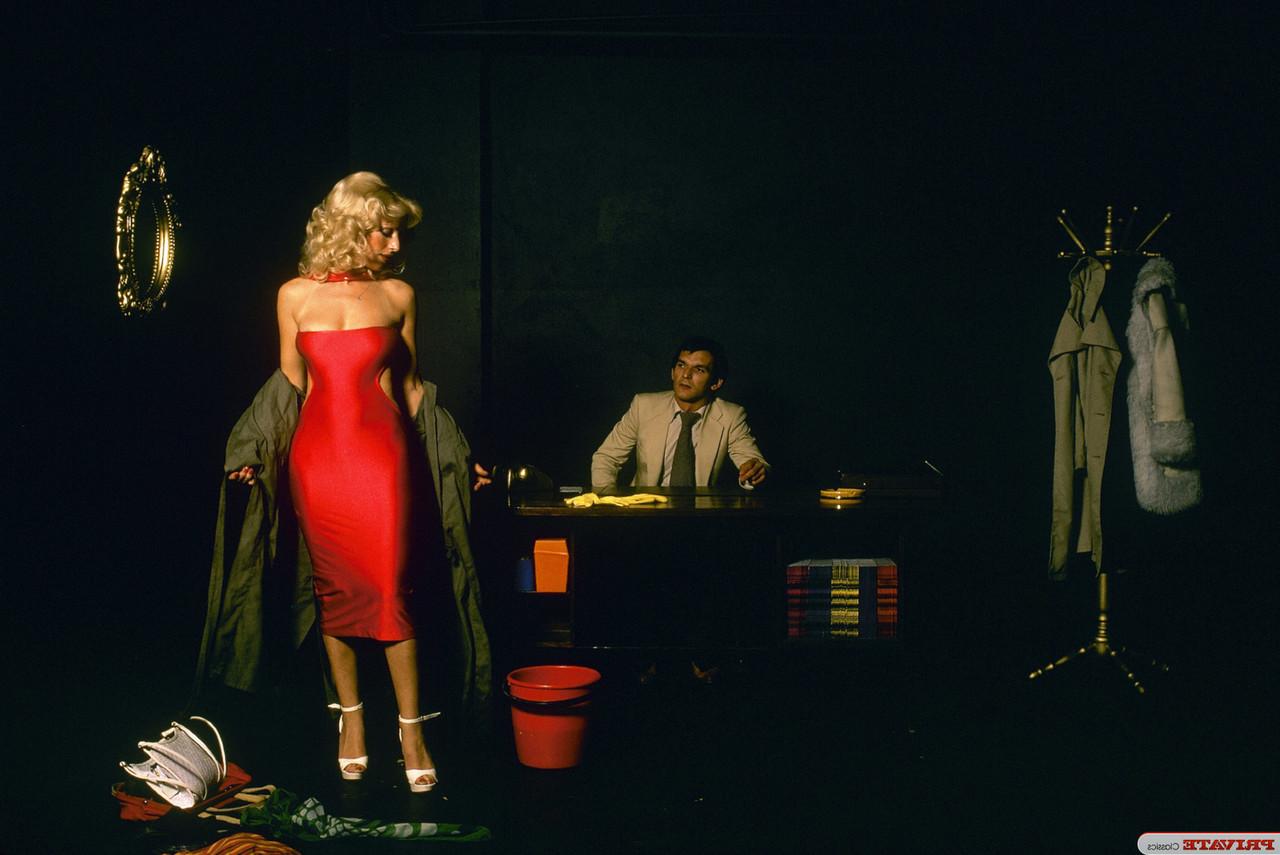 15P Vintage beauty in sexy long dress fucks doggystyle over the desk & eats cum