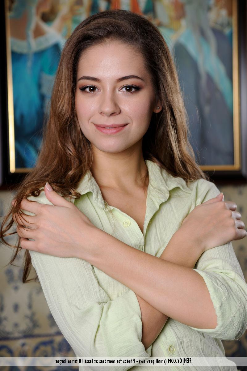 16P Petite teen Olina R plays with her long hair while showing her naked body