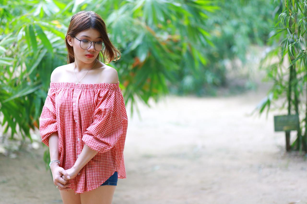 20P Pretty Asian girl with eyeglasses posing in her hot outfit in nature