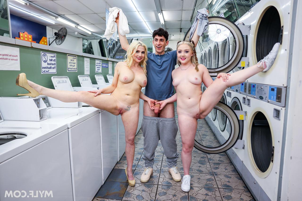 20P Die Blondinen Christie Stevens und Eva Nyx ficken bei einem Dreier im Waschsalon