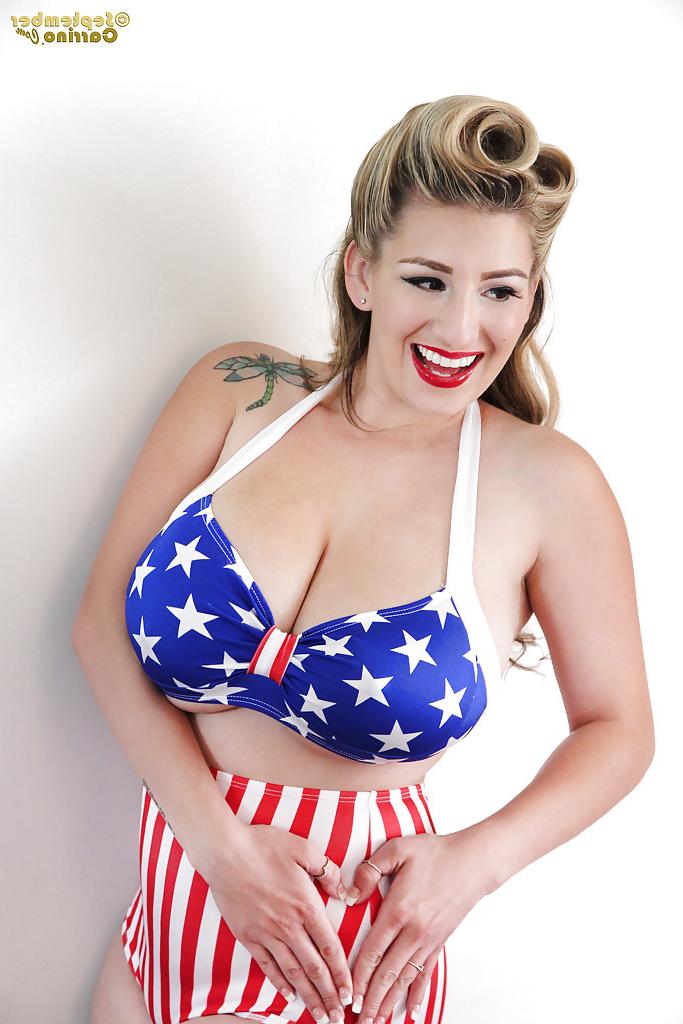 16P Busty blonde babe September Carrino models vintage hairstyle in bikini