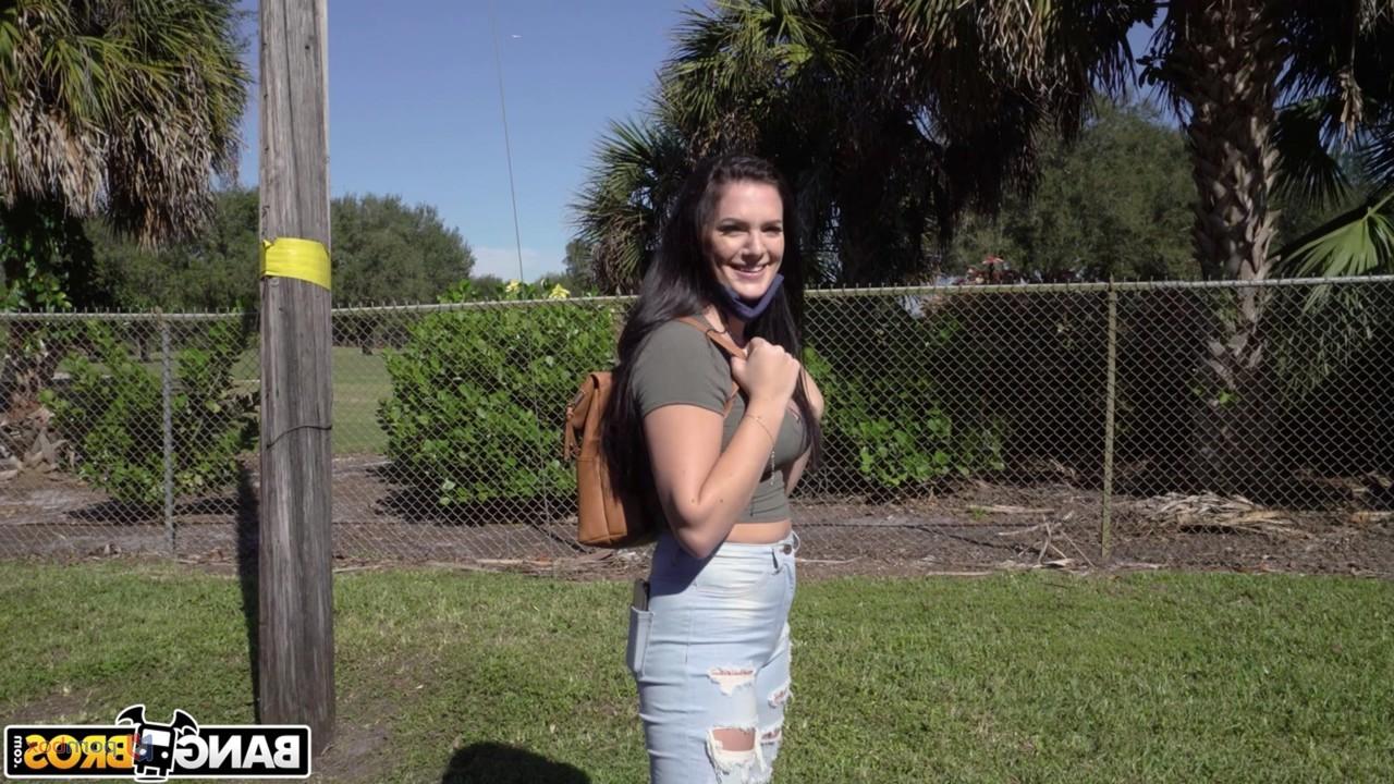 20P Sweet brunette Alice Visby shows her hot tits and sits on a dick in a van