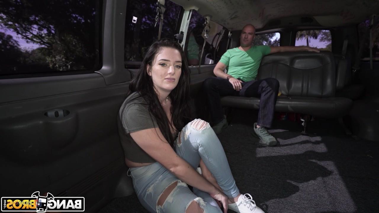 20P Sweet brunette Alice Visby shows her hot tits and sits on a dick in a van