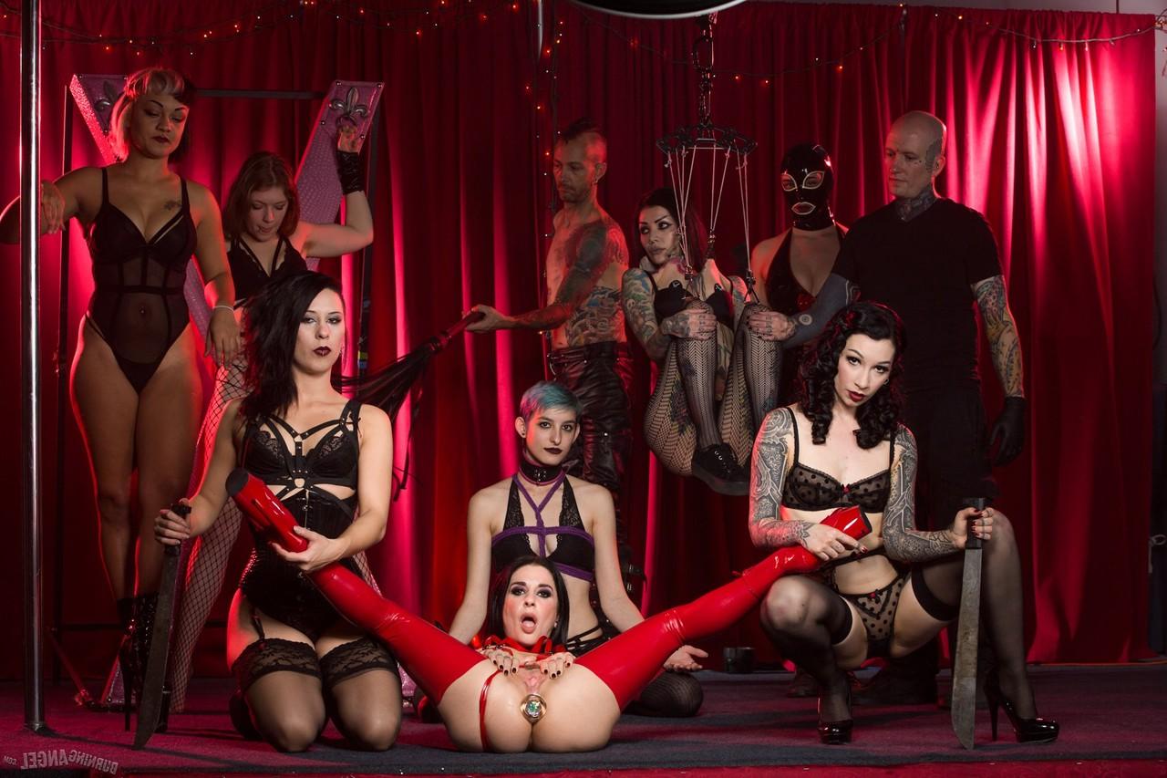 17P Stunning Joanna Angel in red latex boots & linger spreads before her gangbang
