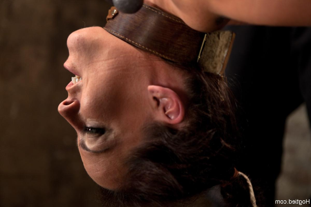 20P Sub Bryn Blayne has weights hung on her nipples while in inverted suspension