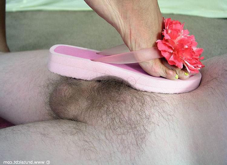 15P Blonde chick smacks her submissive lover's small cock with a flip-flop