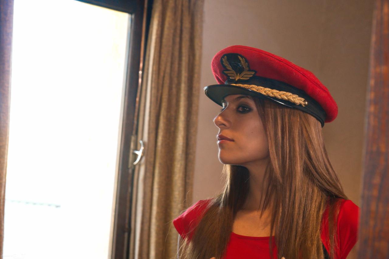 20P Brunette hottie Paloma D loses her military uniform and rubs her hairy cunt