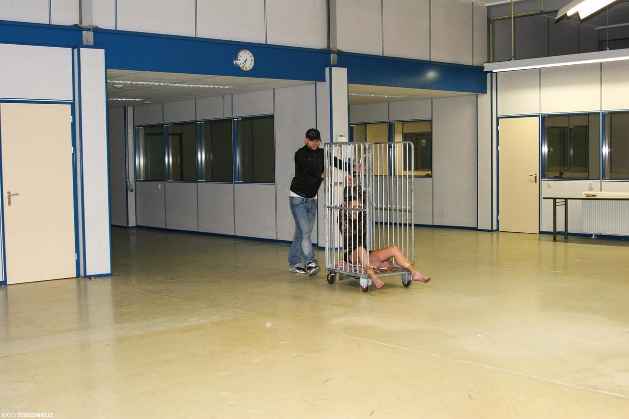 17P Gagged Vixen gets tied up with rope & ball gagged in a luggage transport rack