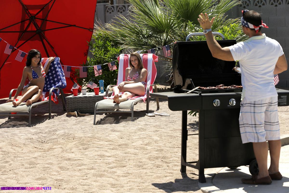 16P Skinny teens Kyler Quinn and Hime Marie have a threesome during a barbecue