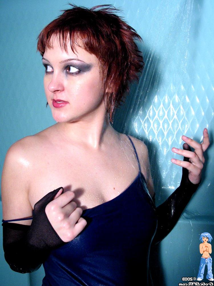 15P Solo girl with short red hair Toryn has her makeup run while taking a shower