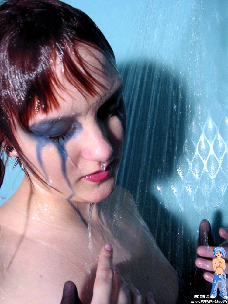 15P Solo girl with short red hair Toryn has her makeup run while taking a shower