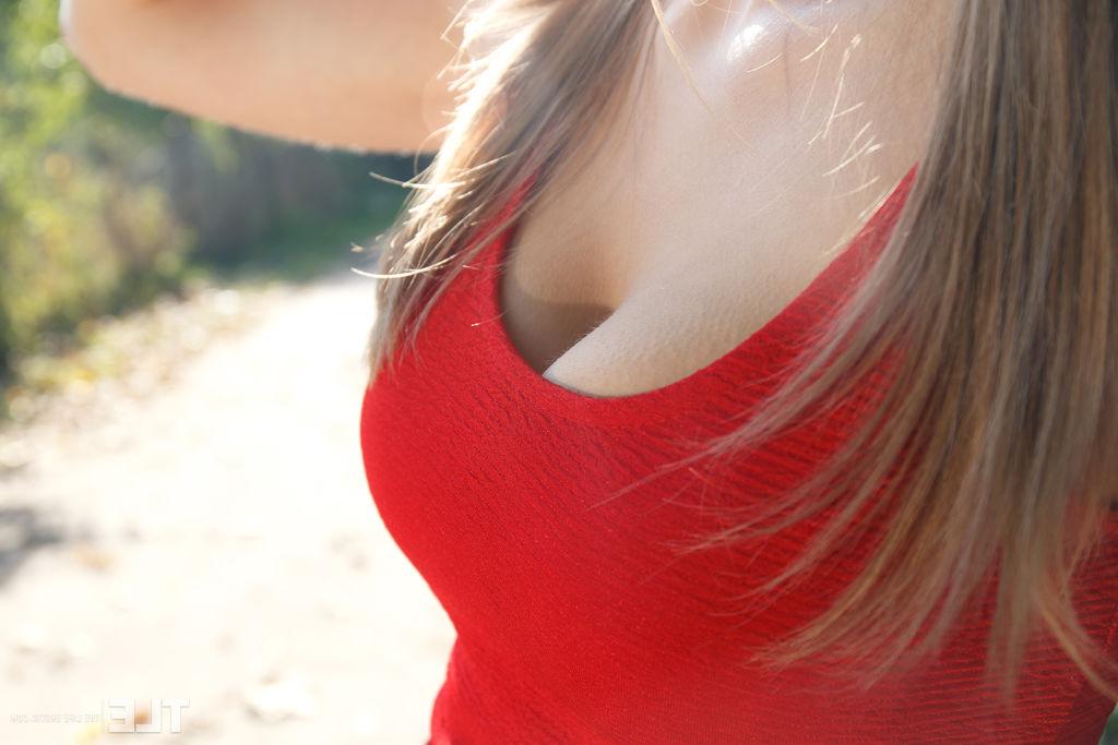 16P Pretty Natalie Russ in pigtails outside toying pussy in red sheer pantyhose