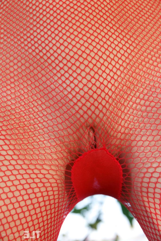 16P Pretty Natalie Russ in pigtails outside toying pussy in red sheer pantyhose