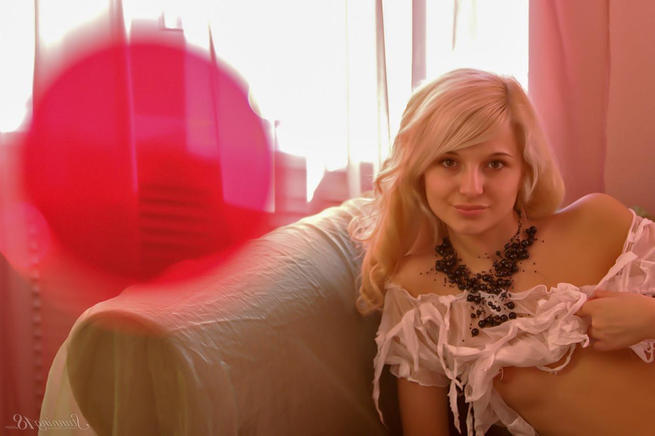 16P 18-year-old blonde Eyra U gets naked while wearing OTK polka-dot socks