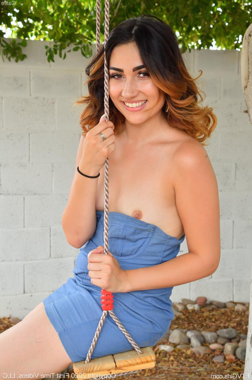 20P Glamour babe Callie pounds her yummy shaved pussy with a dildo outdoors