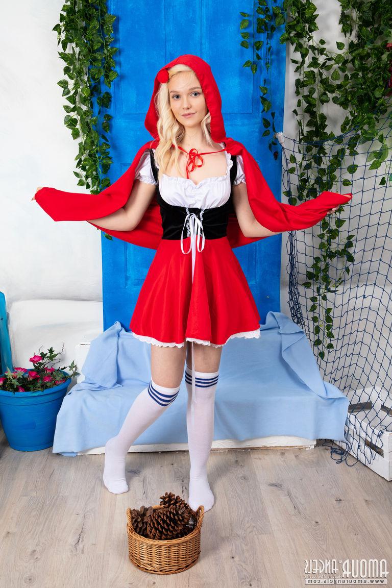 20P Adorable blonde teen Kapri doffs cosplay attire to pose bare naked