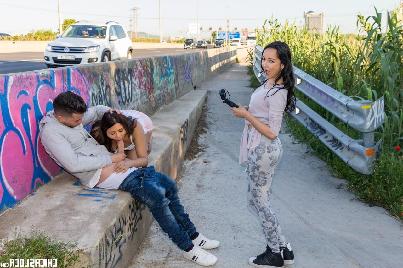 18P Hitchhikers take to the side of the highway for a threesome in public