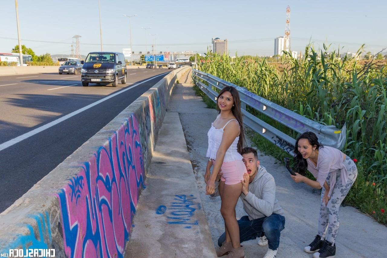 18P Hitchhikers take to the side of the highway for a threesome in public